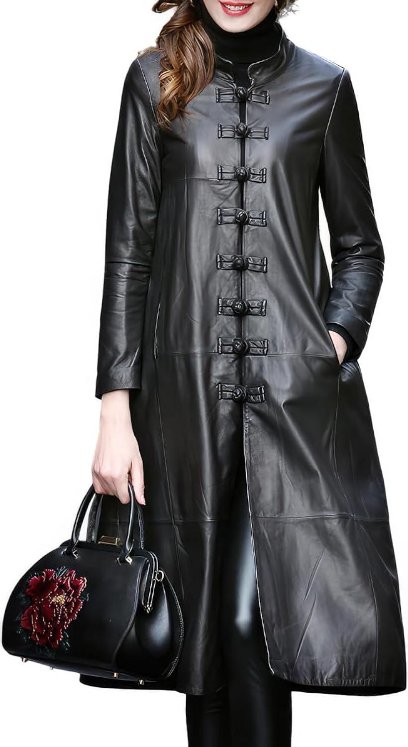 Black Sheepskin Mandarin Collar Long Elegant Leather Coat - Luxury Chinese Style