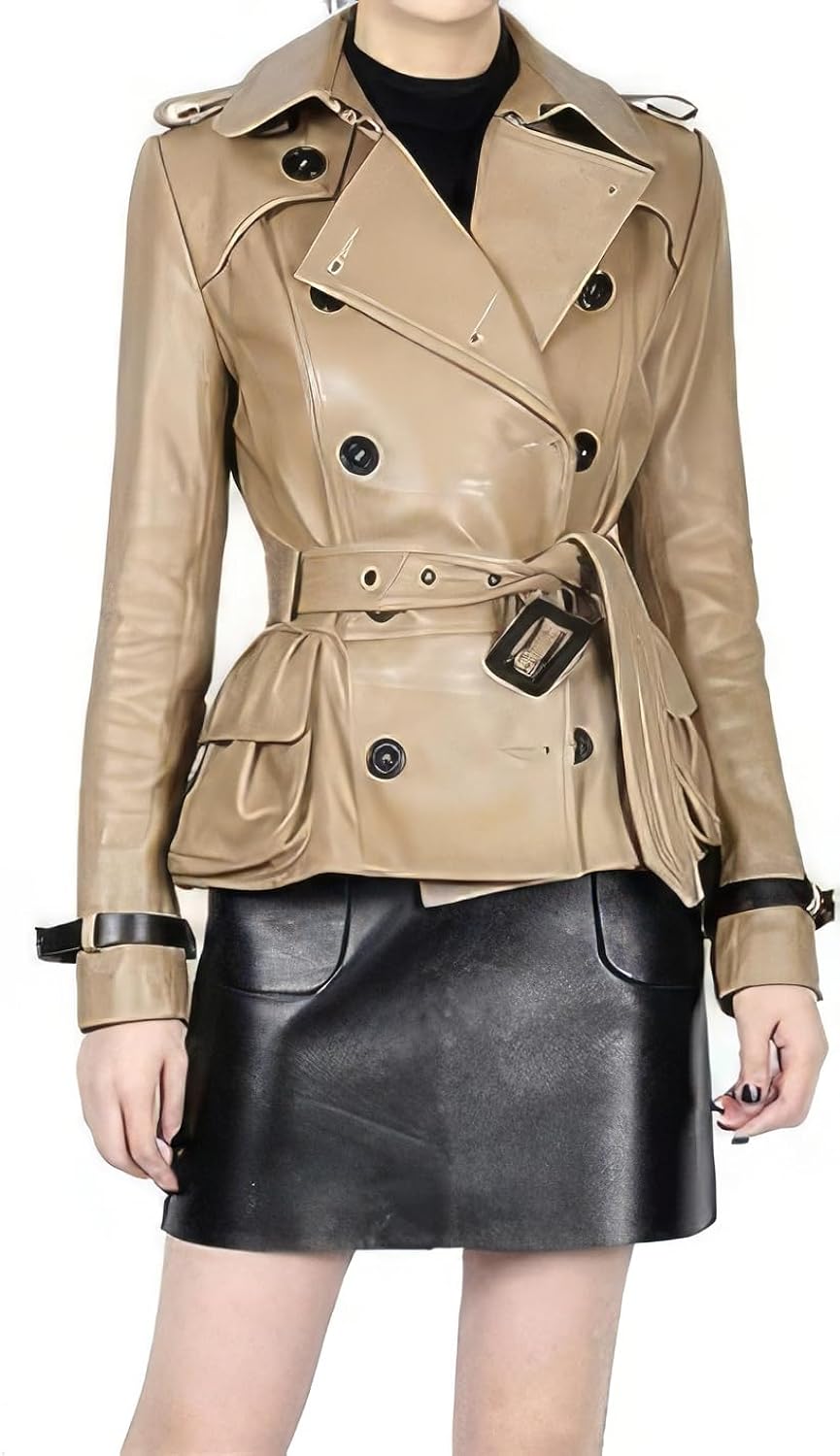 Beige Sheepskin Double-Breasted Moto Racing Trench: Classic Elegance, High-Street Style