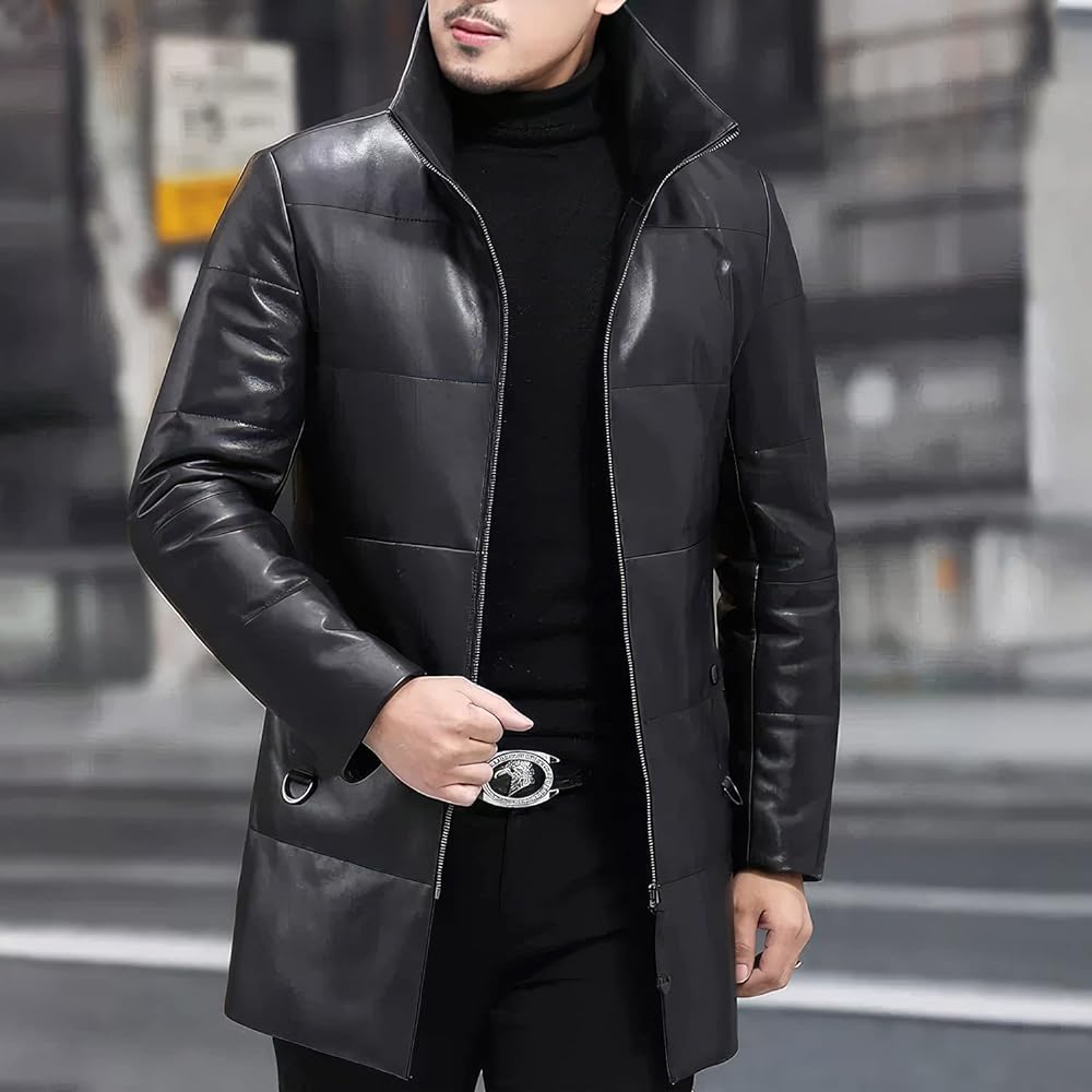 Black Elegance: Men's Genuine Sheepskin Detachable Sherpa Shearling Slim Fit Leather Puffer Jacket
