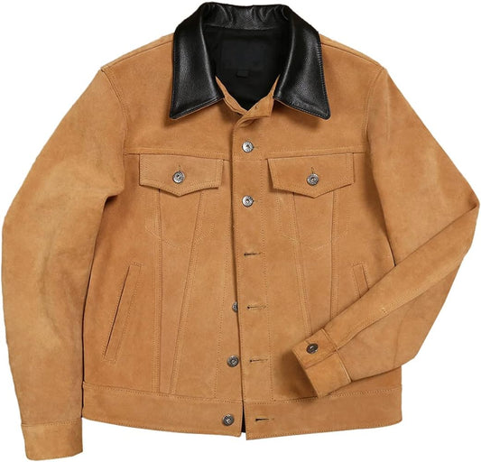 Suede Elegance: Men's Classic Brown Trucker Jacket with Western Style