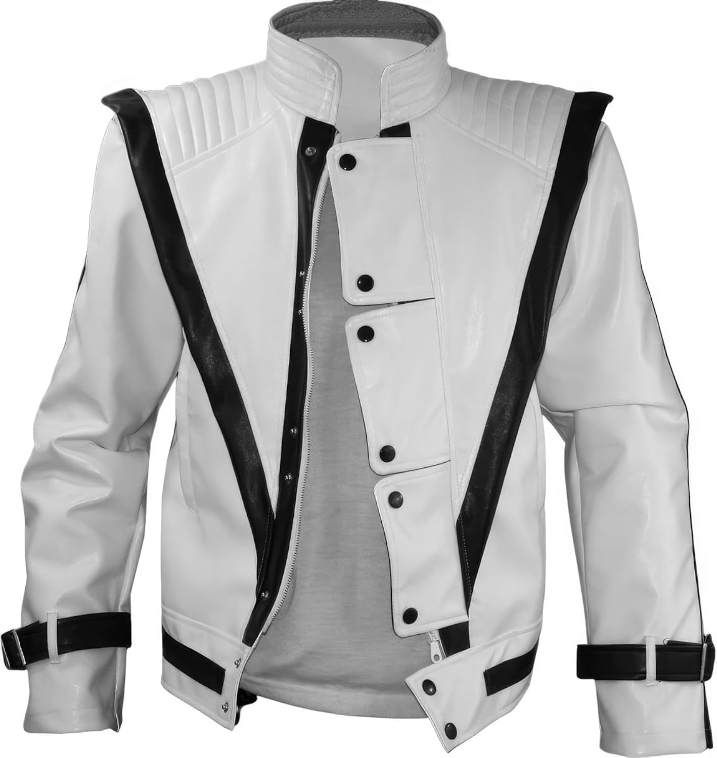 White Sheepskin Retro Jacket: Quilted Shoulders, Celebrity-Inspired, Black Strips – Classic Fashion and Cosplay Elegance