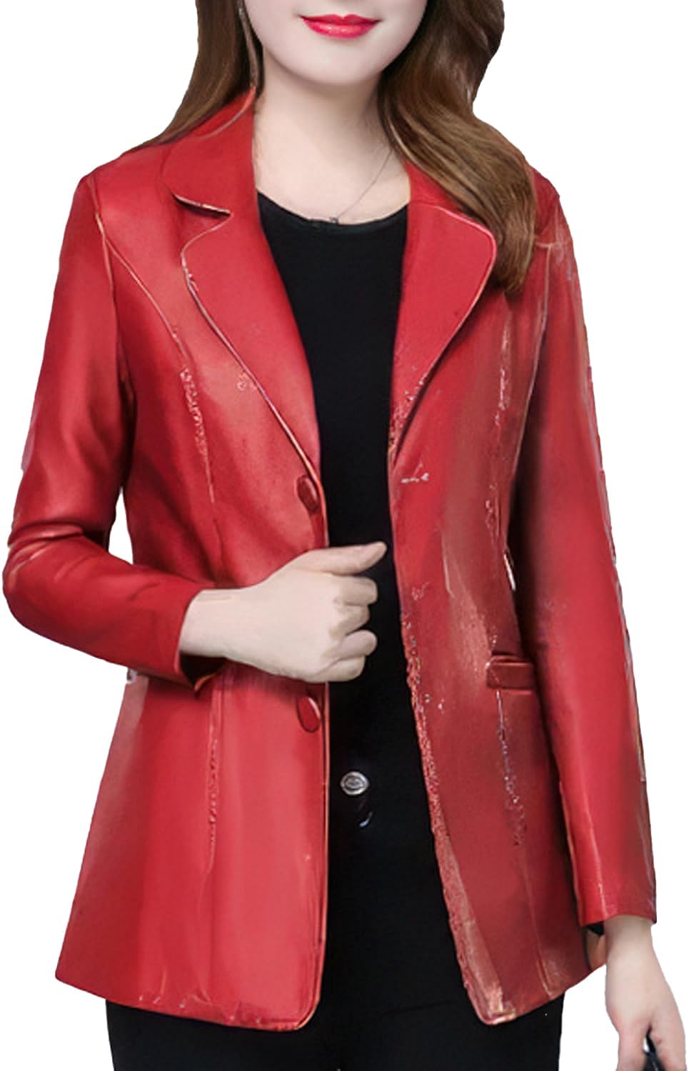 Red Sheepskin Leather Blazer: Women's Slim Fit Korean Fashion Coat