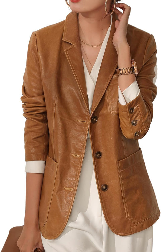 Sheepskin Blazer: Timeless Lapel, Secure Closure, Vintage Elegance for Business or Casual Chic. Elevate Your Style