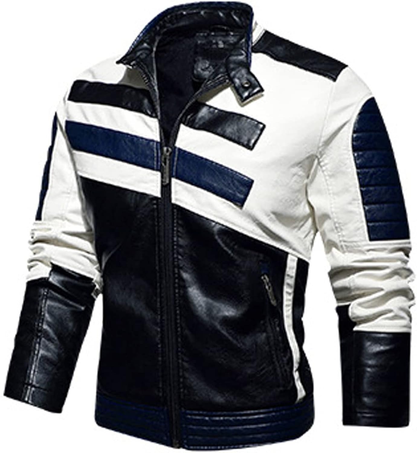 Urban Edge: Men's Black PU Café Racer, Striped Design, Moto Zip-Up - Streetwise Style in Black