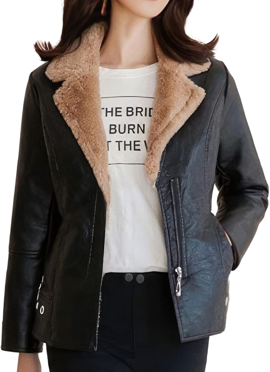 Chic and Warm: Women's Black Biker Sheepskin Sherpa Shearling Café Racer Jacket - Korean Fashion, Slim Fit, Motorcycle Style