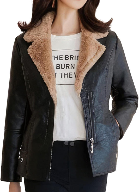 Chic and Warm: Women's Black Biker Sheepskin Sherpa Shearling Café Racer Jacket - Korean Fashion, Slim Fit, Motorcycle Style