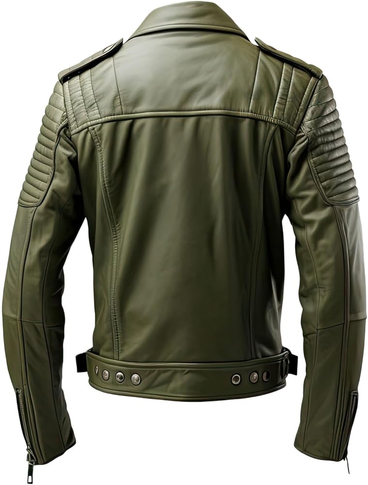 Olive Green Sheepskin Elegance: Notch Lapel, YKK Zipper, Quilted Shoulders - Stylish and Functional Slim-Fit Jacket