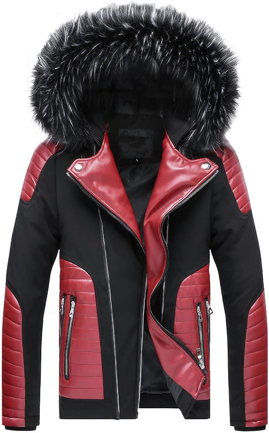 Black Biker Sheepskin Jacket: Hooded, Red Quilted Design, Genuine Leather - Ultimate Style and Warmth