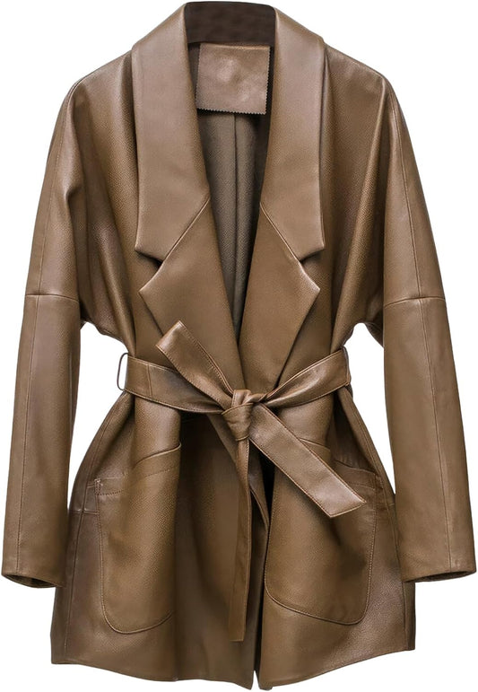 Auburn Chic: Genuine Sheepskin Korean Style Belted Leather Jacket - Classic & Oversized Elegance