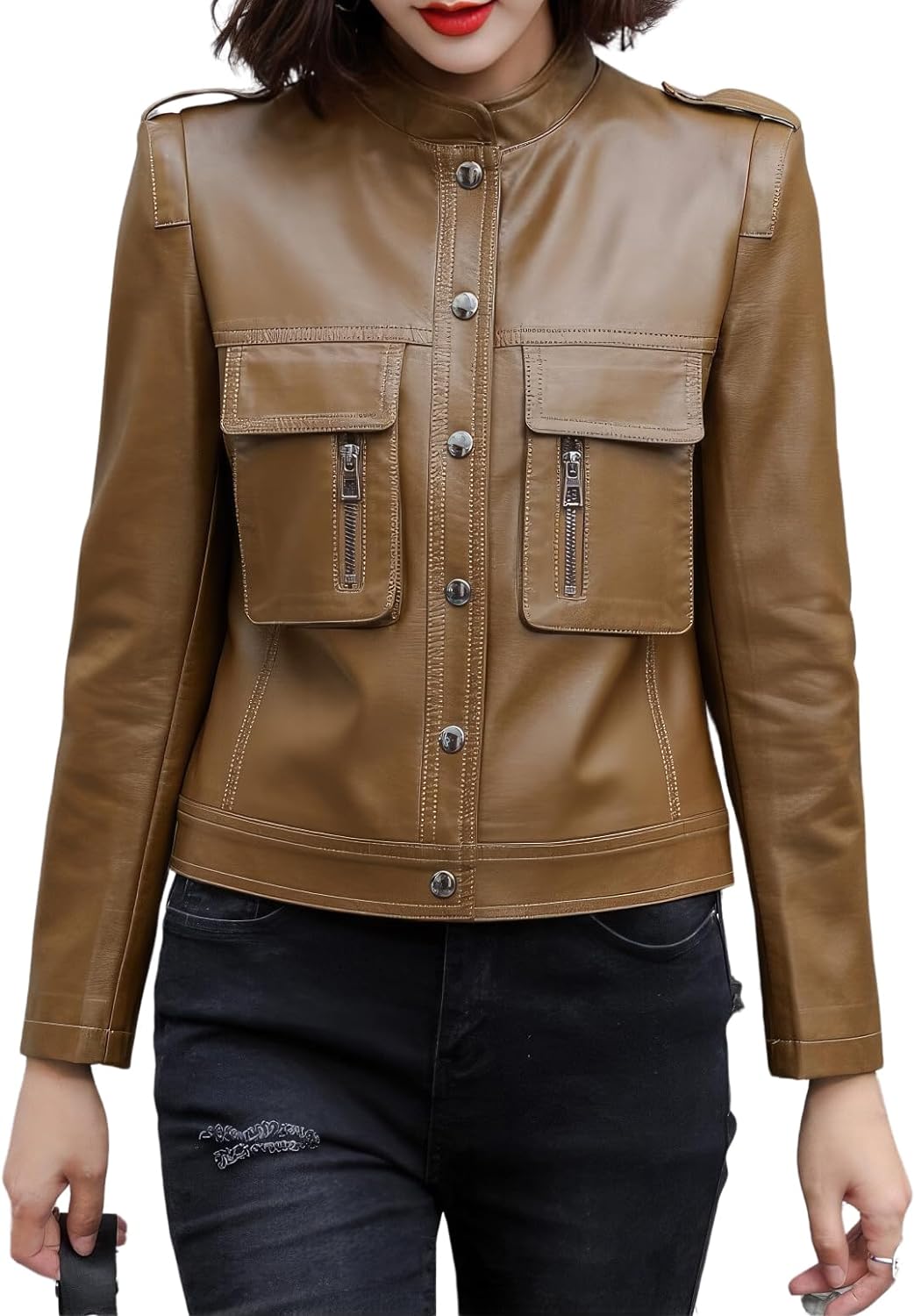 Brown Sheepskin Chic: Women's Korean Fashion Slim Fit Jacket – Stand Collar Luxury Outfit for High Street Glam