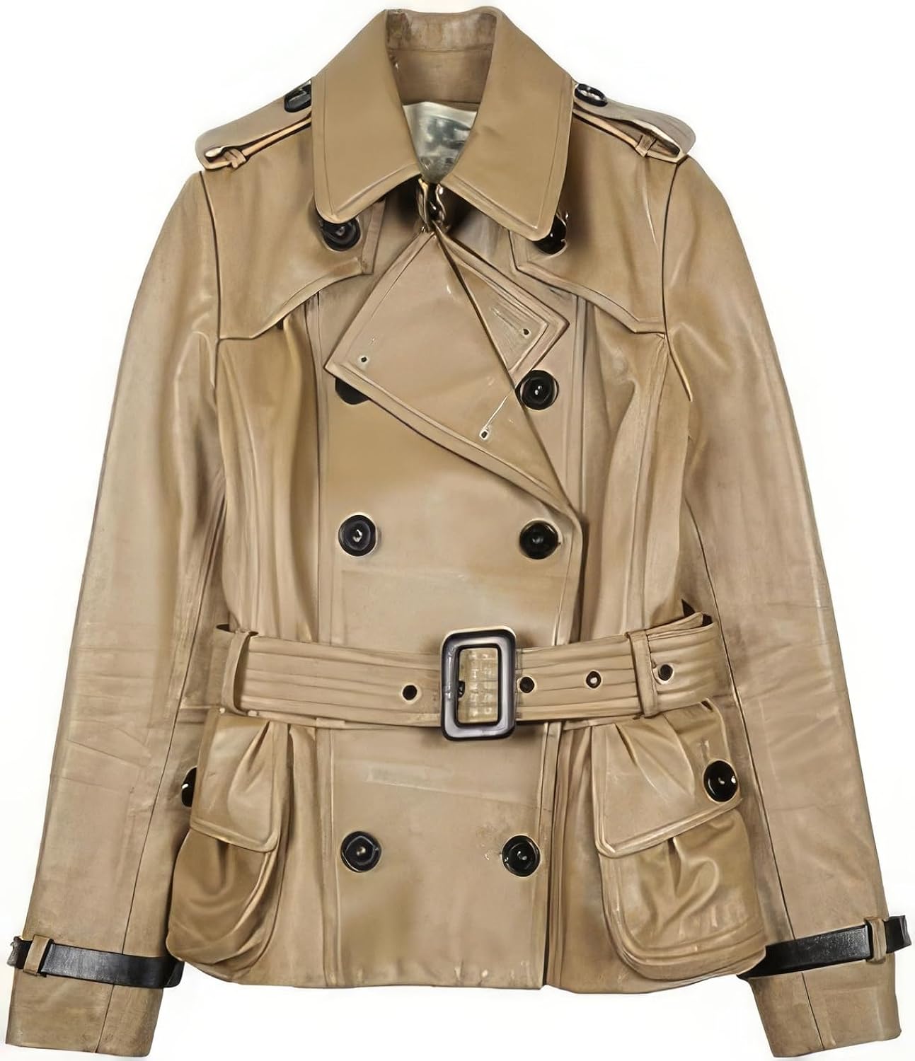 Beige Sheepskin Double-Breasted Moto Racing Trench: Classic Elegance, High-Street Style