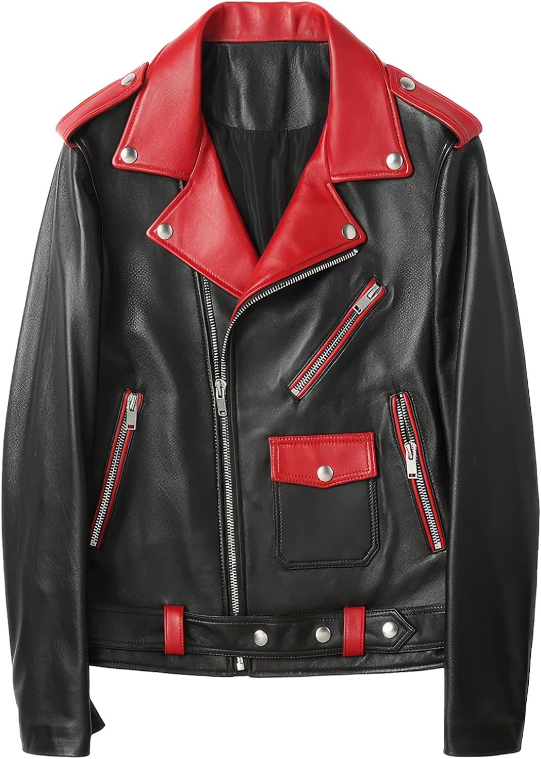 Black Sheepskin Biker Jacket: Red Lapel, Asymmetric Zip, Sporty Racer - Men's Slim Fit Moto Style with Belt