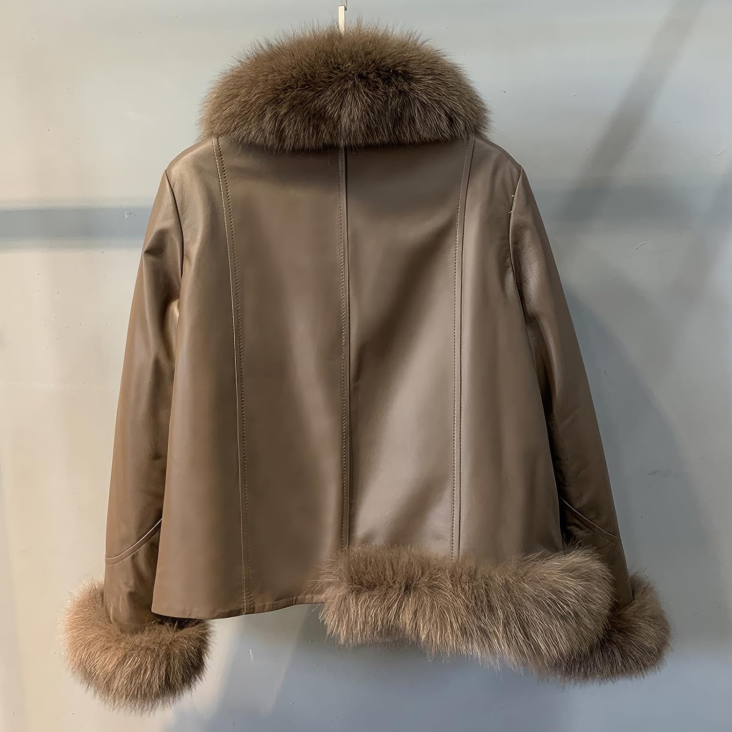 Chic Winter Elegance: Dark Brown Sheepskin Jacket with Sherpa Collar - Elegant, Warm, and Korean-inspired.