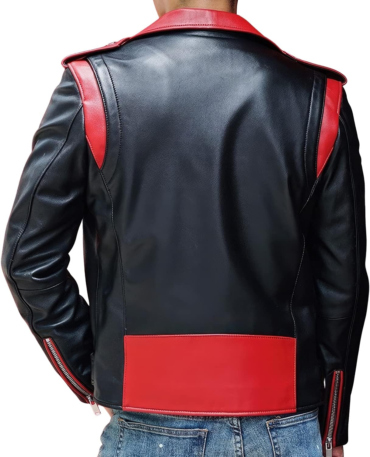 Black Sheepskin Biker Jacket: Red Lapel, Asymmetric Zip, Sporty Racer - Men's Slim Fit Moto Style with Belt