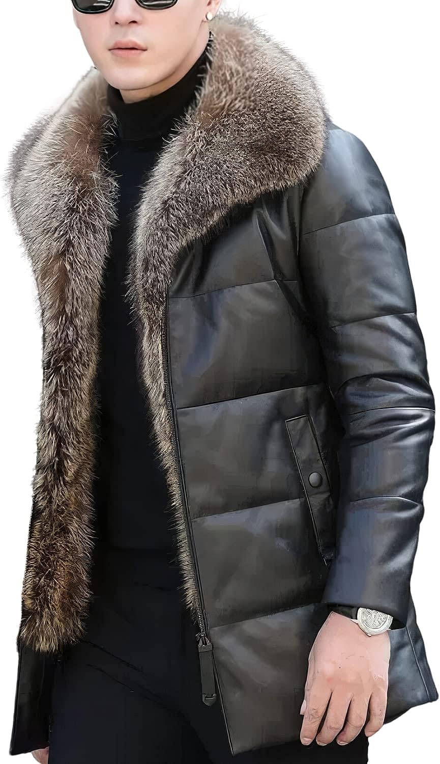Black Elegance: Men's Genuine Sheepskin Detachable Sherpa Shearling Slim Fit Leather Puffer Jacket