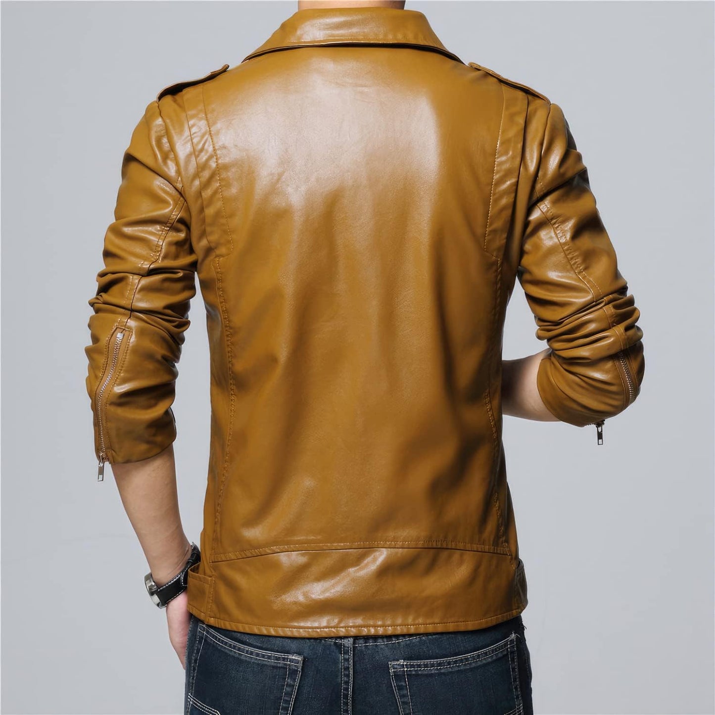 Rev Up Your Style with Men's Tan Brown Sheepskin Biker Jacket – Retro Café Racer Chic, Slim Fit, Asymmetrical Design