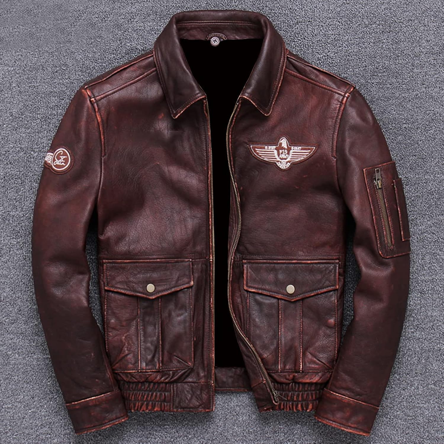 Aviator Jacket: Sheepskin Lined, Utility Pockets, Embroidered Patches