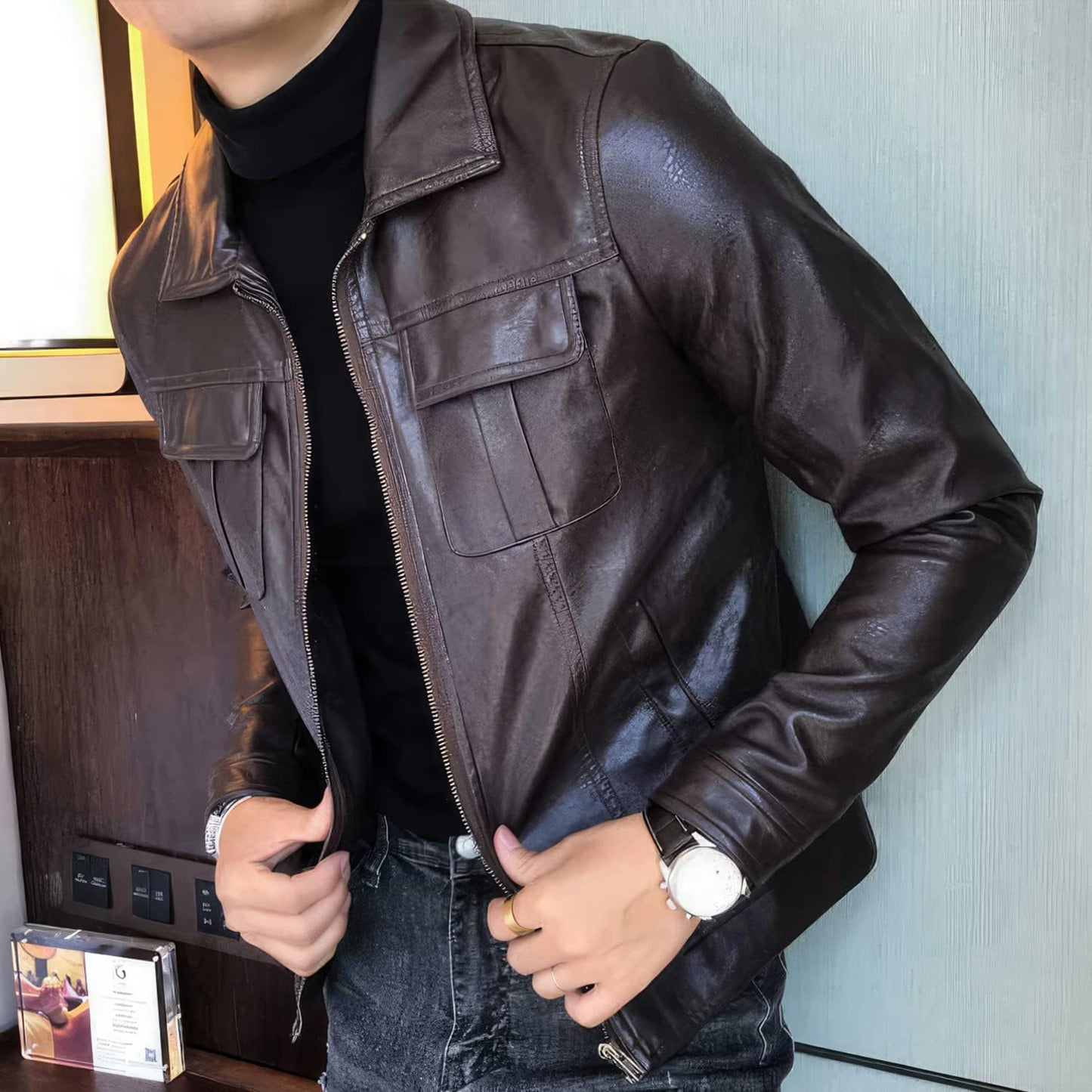 Men's Coffee Brown Genuine Sheepskin Café Racer Jacket: Timeless Style, Modern Edge, Ultimate Comfort