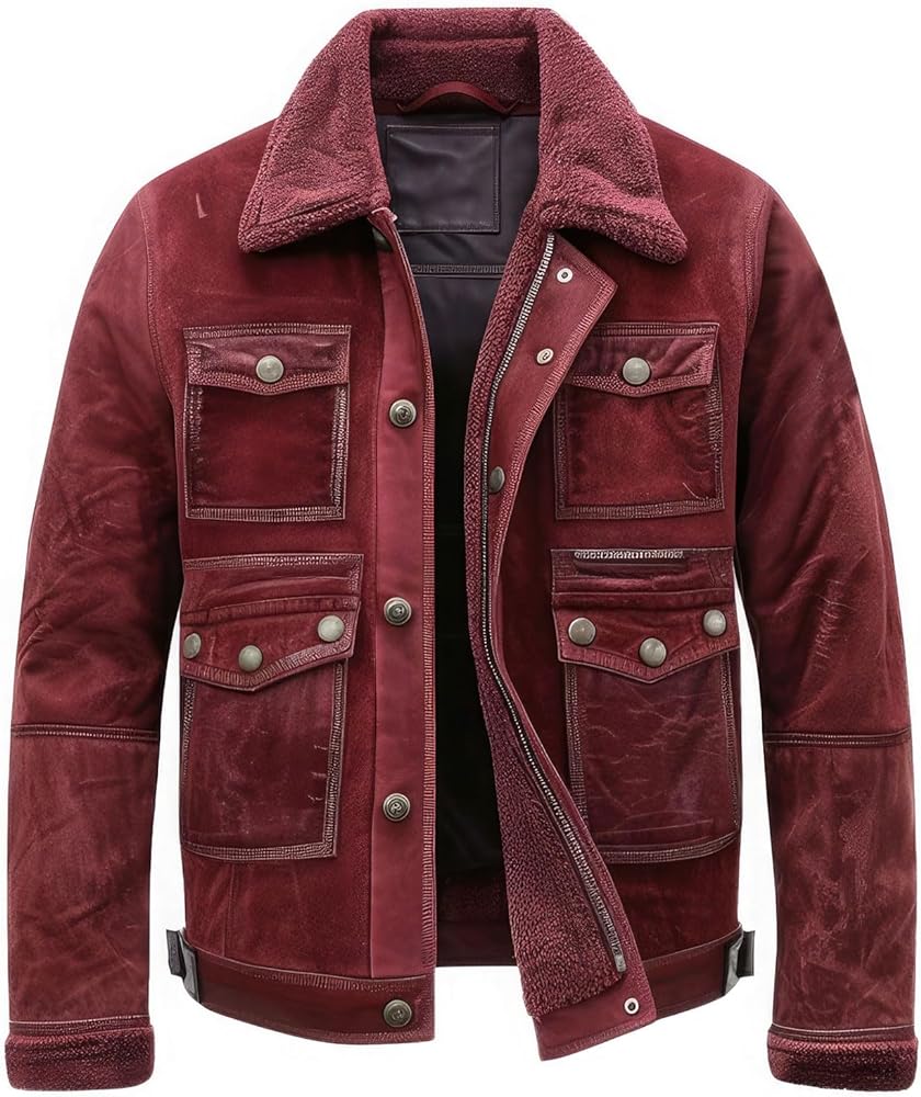 Fashionable Men's Maroon Genuine Suede Field Jacket with Sherpa Shearling Collar and Dual Closure