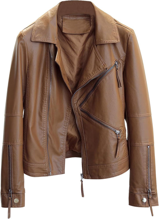 Brown Sheepskin Moto Jacket: Streetwise Chic, Asymmetric Elegance - Women's Casual Classic Streetwear Statement