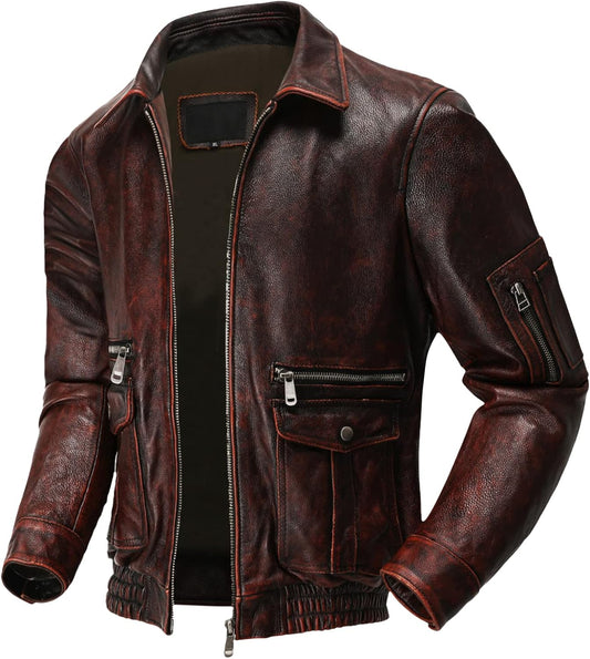 Retro Red Cowhide Aviator: Vintage Distressed Flight Bomber for Men, Timeless Elegance