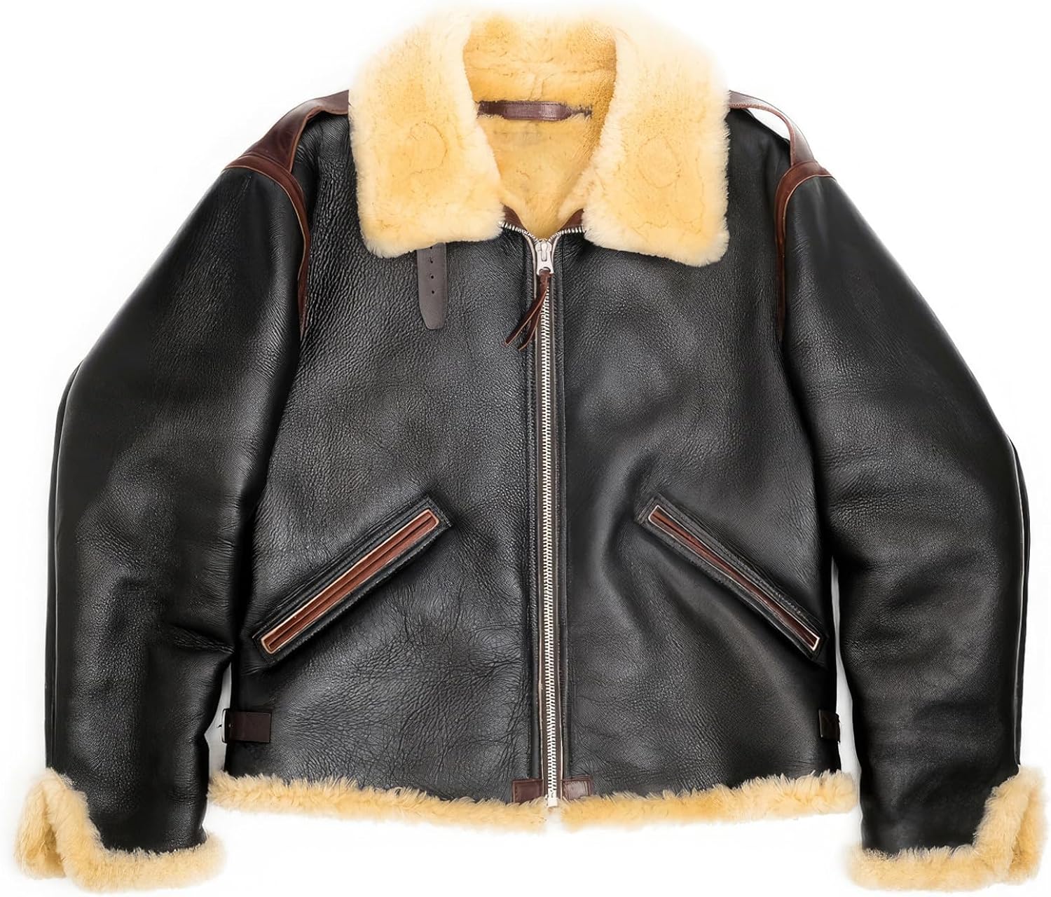 Black Sheepskin Sherpa Aviator Jacket: USAF Vintage Style, Faux Fur Lined