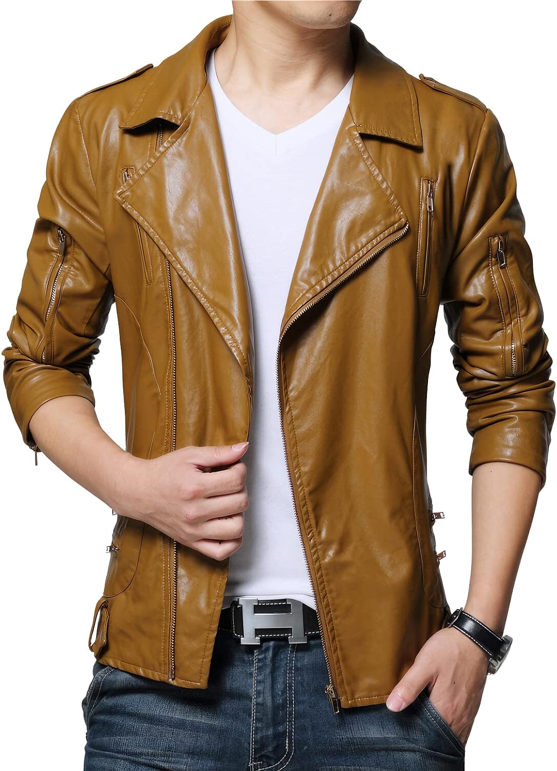 Rev Up Your Style with Men's Tan Brown Sheepskin Biker Jacket – Retro Café Racer Chic, Slim Fit, Asymmetrical Design