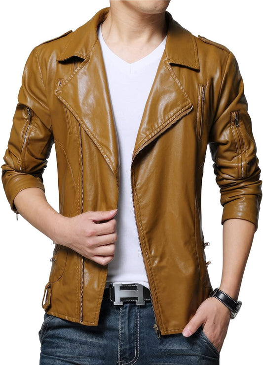 Rev Up Your Style with Men's Tan Brown Sheepskin Biker Jacket – Retro Café Racer Chic, Slim Fit, Asymmetrical Design