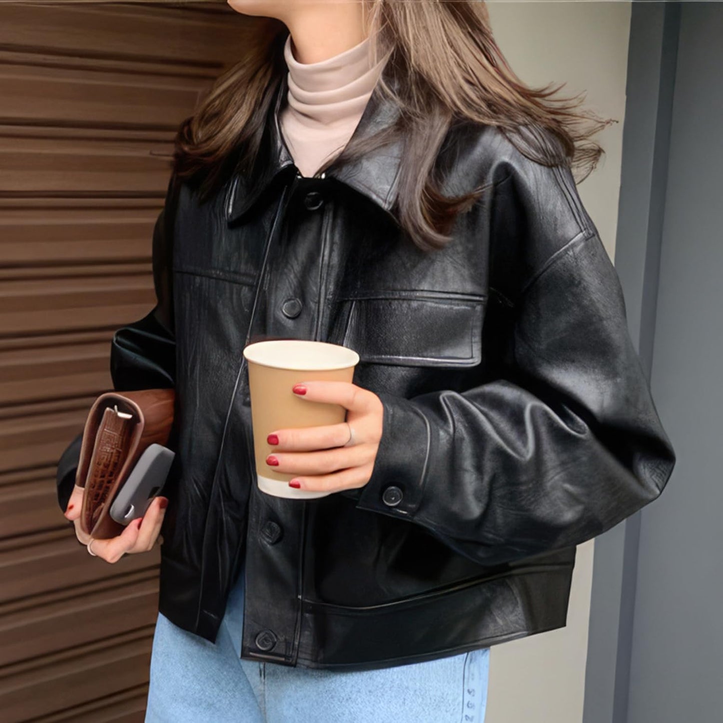 Black Sheepskin Drop Shoulders Biker Jacket: Casual, Lightweight, Fashionable