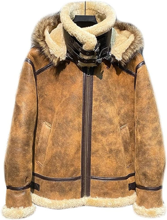 Vintage Brown B3 Bomber: Men’s Distressed Genuine Sheepskin Sherpa Shearling Aviator with Detachable Hood