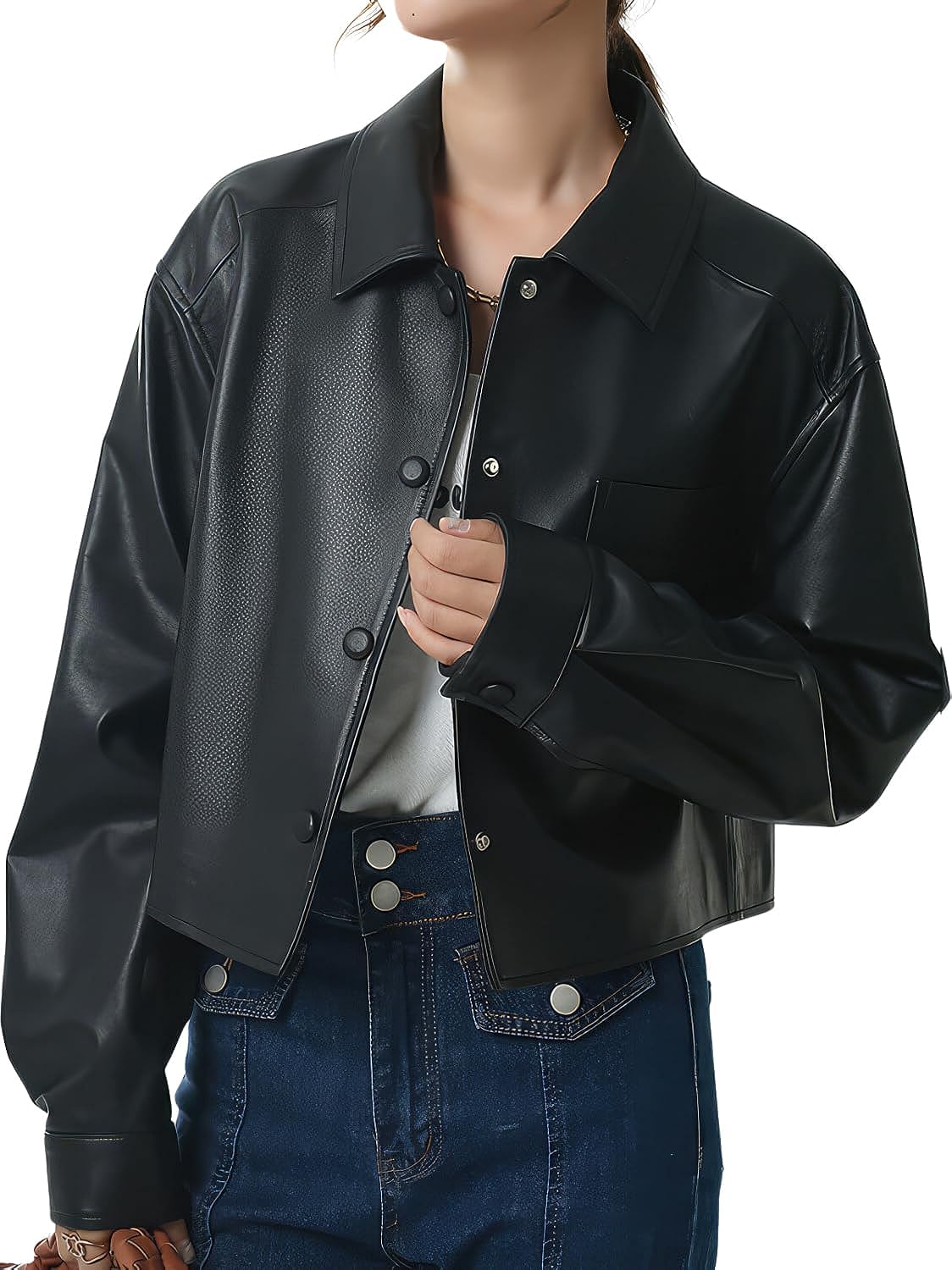 Women’s Black Genuine Sheepskin Shirt Collar Chic Leather Jacket – Timeless Elegance with an Oversized Twist