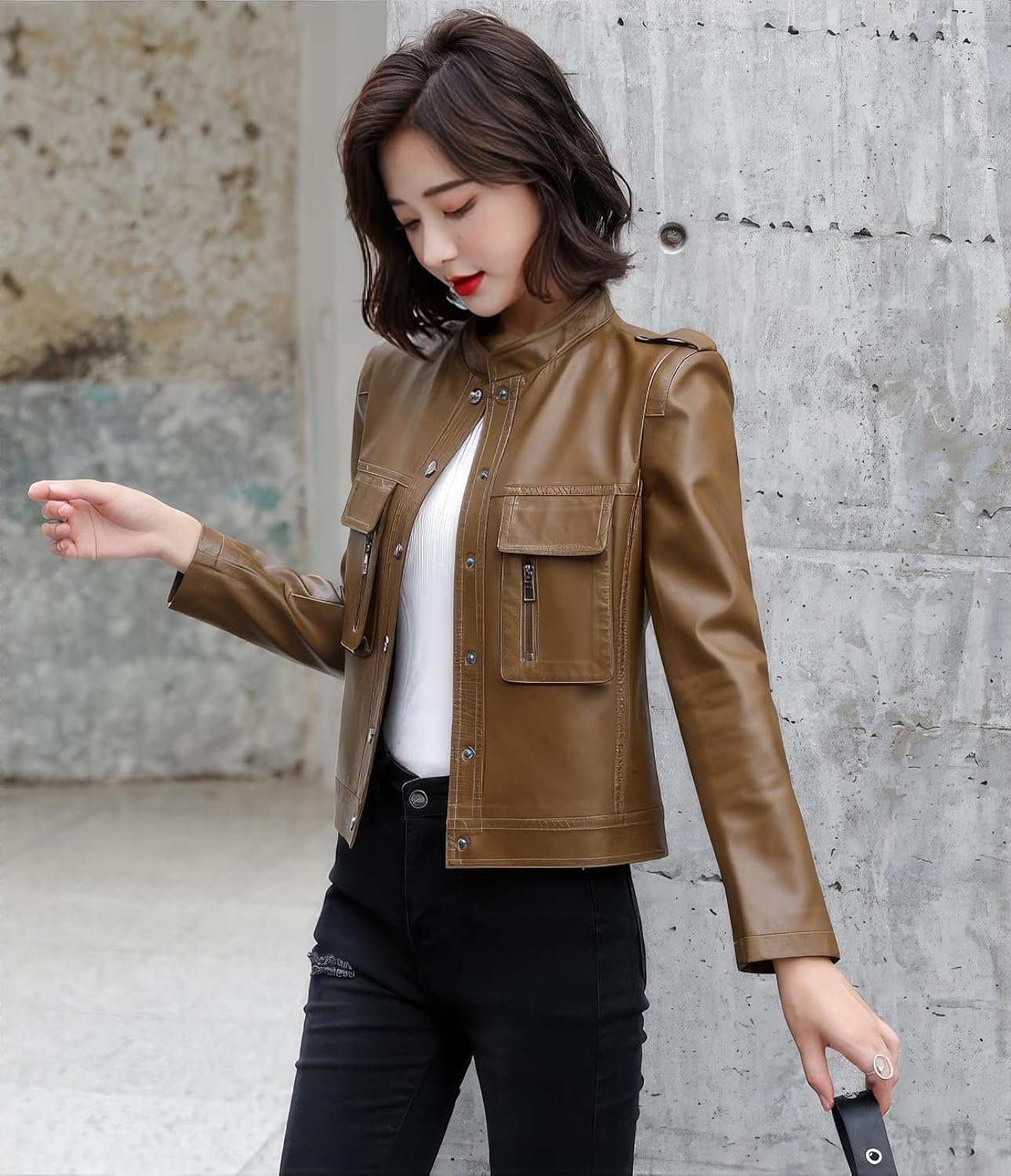 Brown Sheepskin Chic: Women's Korean Fashion Slim Fit Jacket – Stand Collar Luxury Outfit for High Street Glam