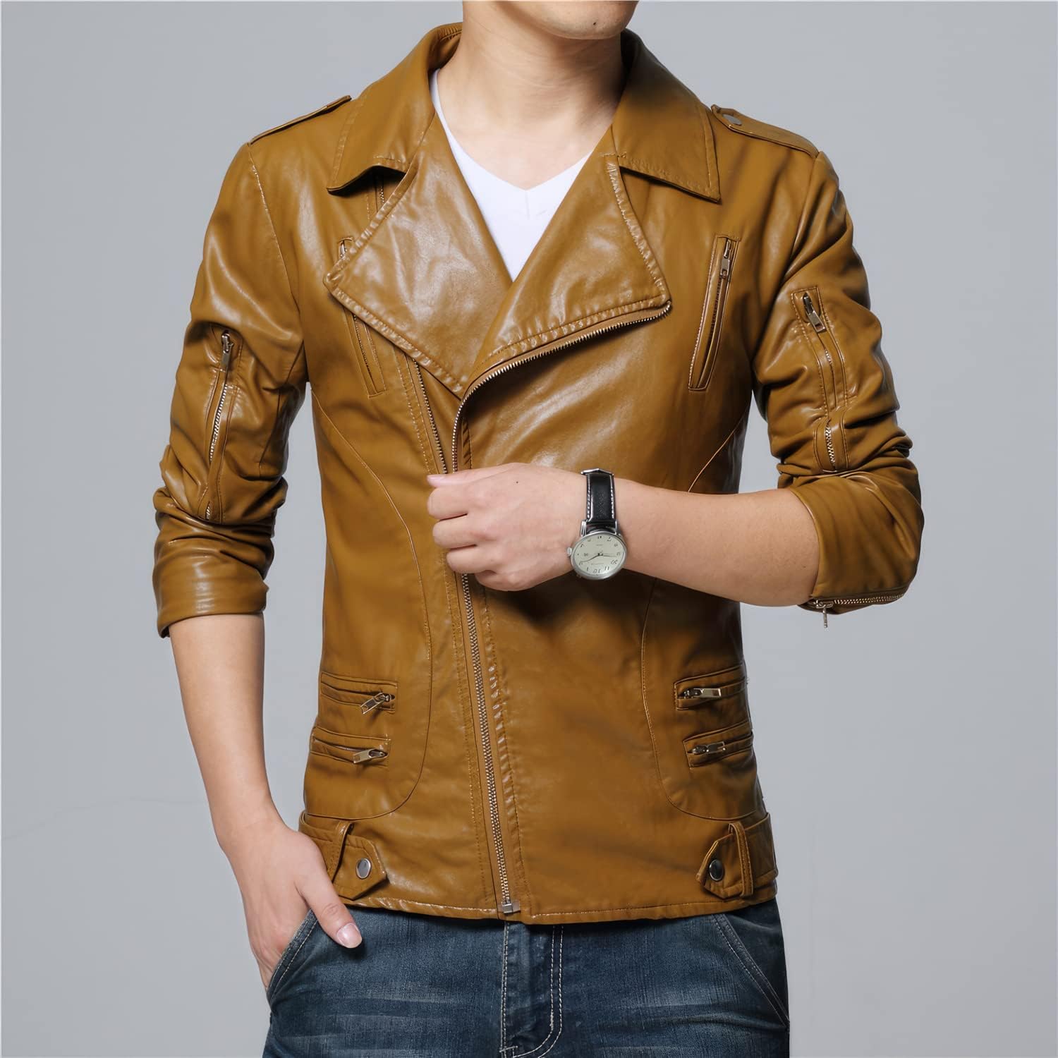 Rev Up Your Style with Men's Tan Brown Sheepskin Biker Jacket – Retro Café Racer Chic, Slim Fit, Asymmetrical Design