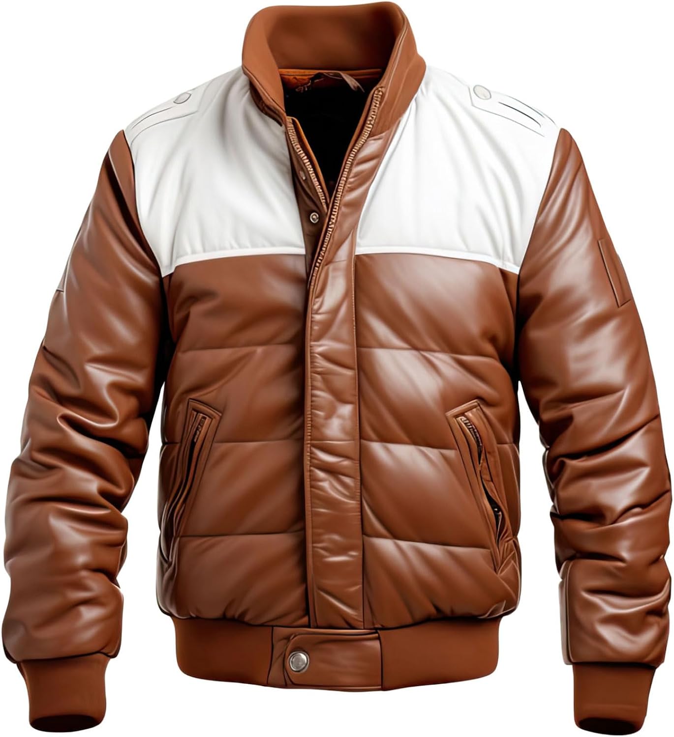 Brown White Sheepskin Puffer: Stylish, Warm, Rib-Knit Cuffs. Perfect for Cool Days. YKK Zipper, Slanted Pockets.