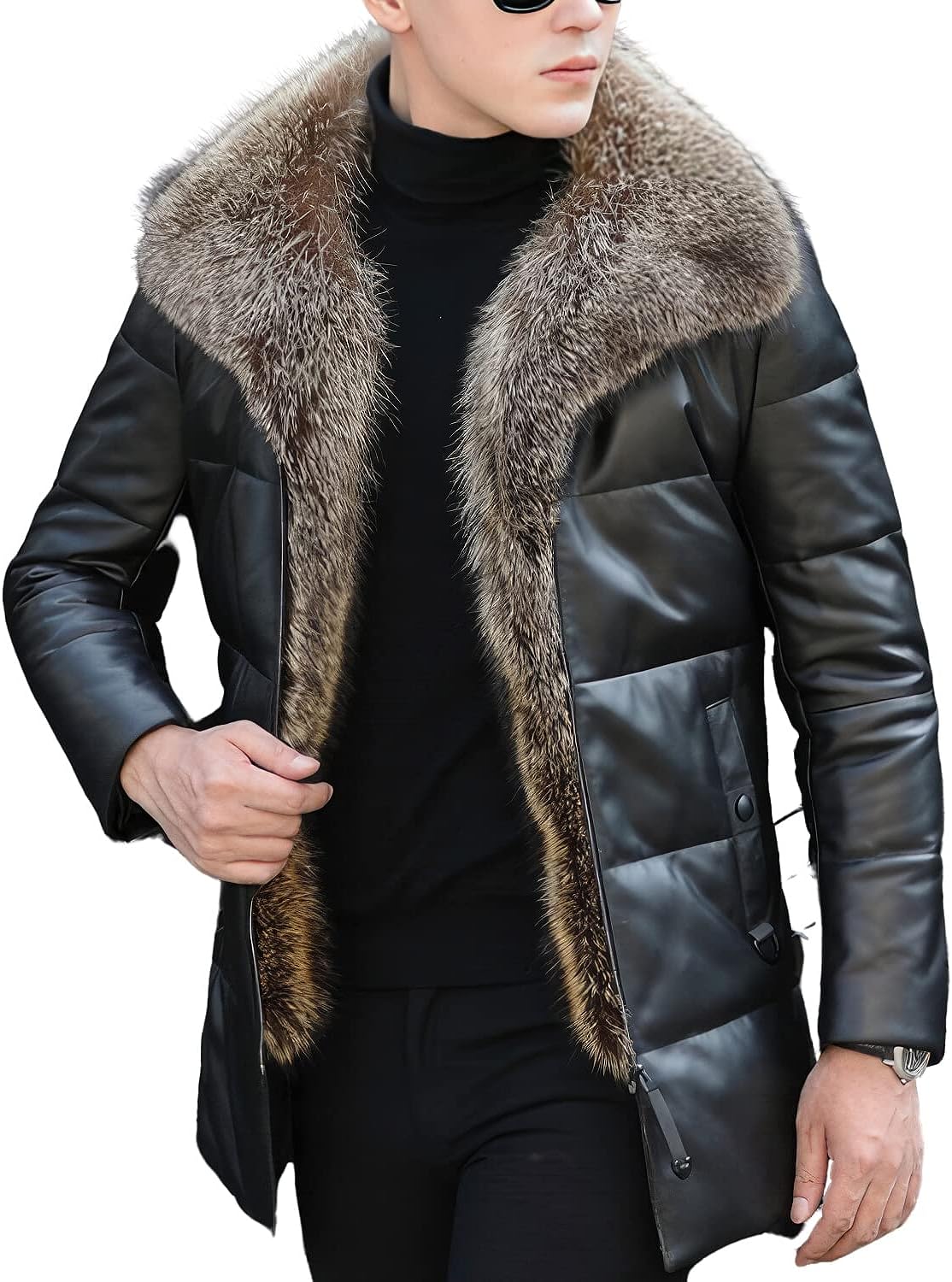 Black Elegance: Men's Genuine Sheepskin Detachable Sherpa Shearling Slim Fit Leather Puffer Jacket