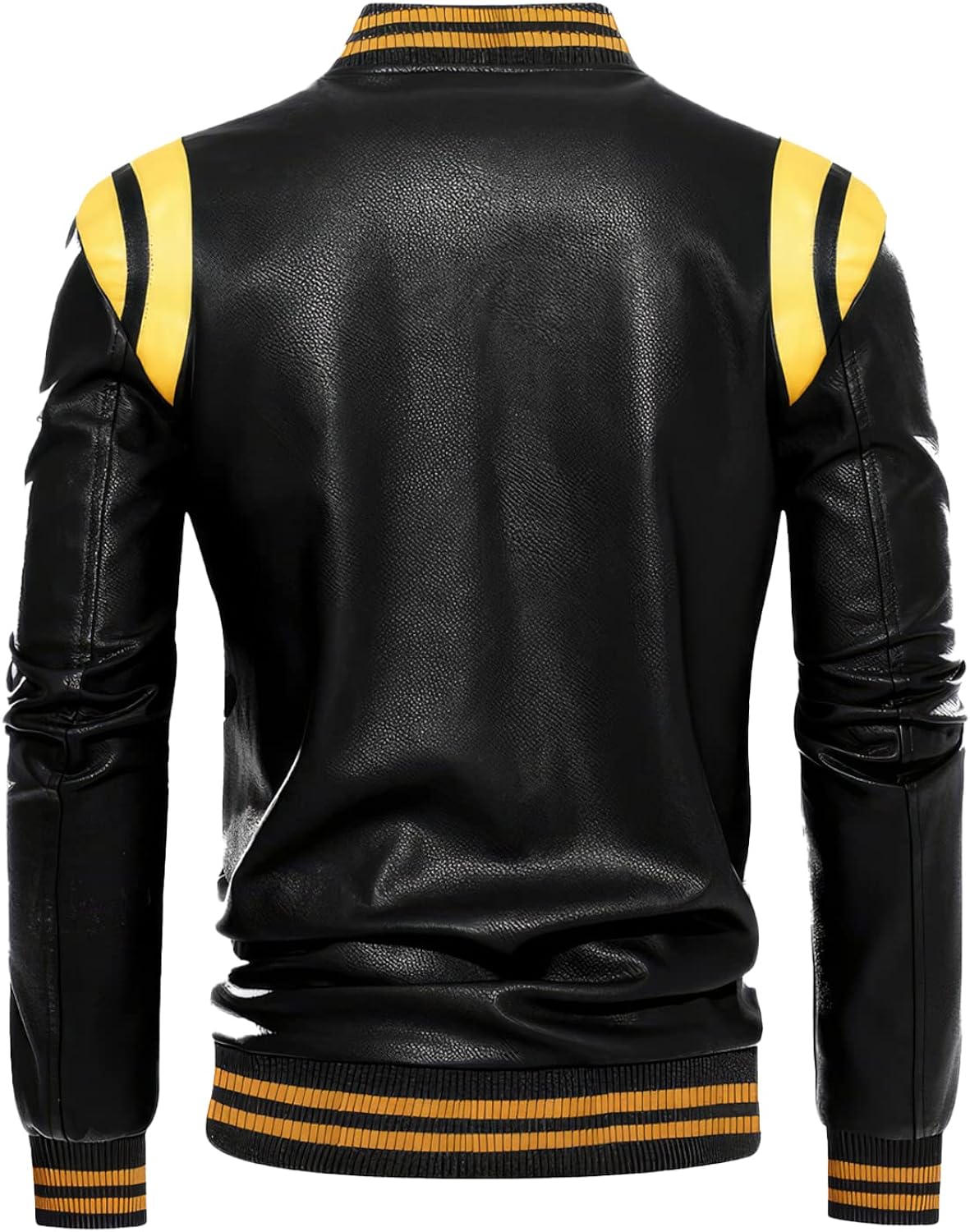 Black Biker Sheepskin Jacket, Sporty Slim Fit, Yellow Stripes, Rib Knit Bomber, Motorcycle Rider Leather