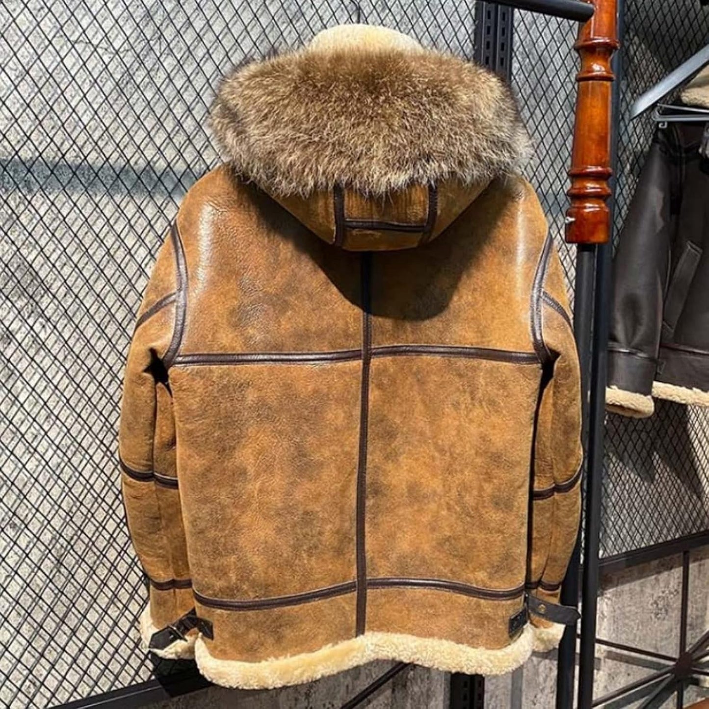 Vintage Brown B3 Bomber: Men’s Distressed Genuine Sheepskin Sherpa Shearling Aviator with Detachable Hood