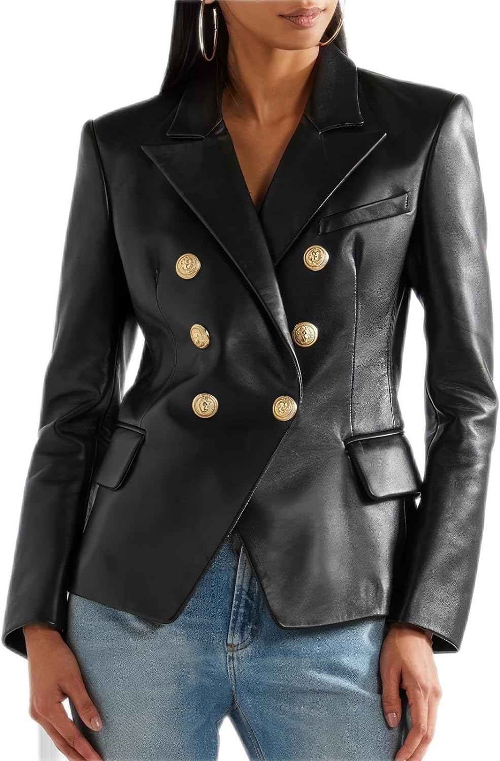 Black Sheepskin Notched Collar Elegant Leather Blazer: Your Statement in Business Fashion