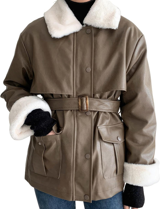 Women’s Brown Genuine Sheepskin Sherpa Shearling Faux Fur Lined Winter Jacket: Casual Fashion, Belted Elegance