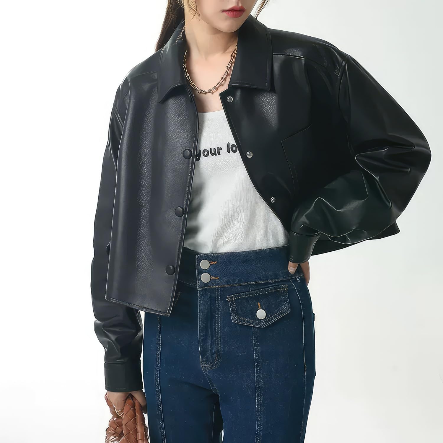 Women’s Black Genuine Sheepskin Shirt Collar Chic Leather Jacket – Timeless Elegance with an Oversized Twist