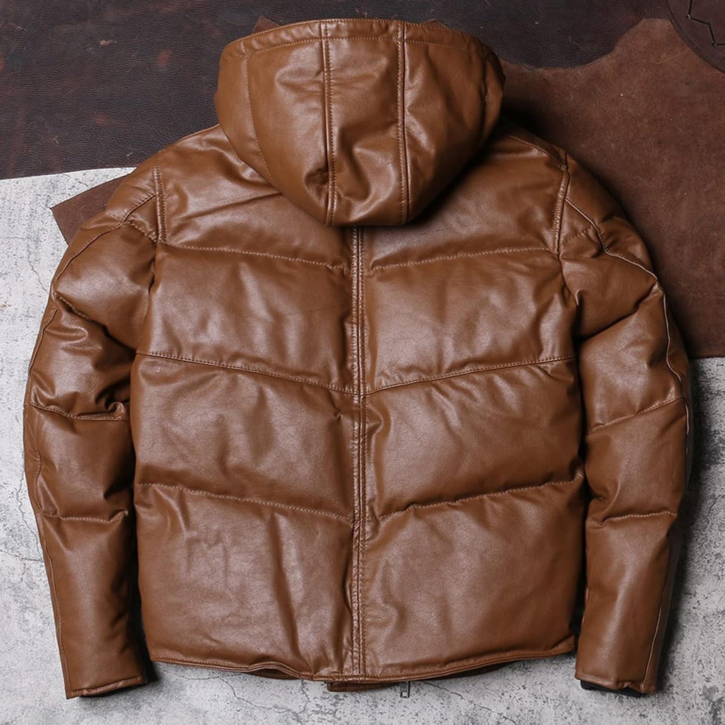 Urban Heat Shield: Men’s Brown Sheepskin Quilted Puffer Jacket with Detachable Hood - Genuine Warmth and Casual Style