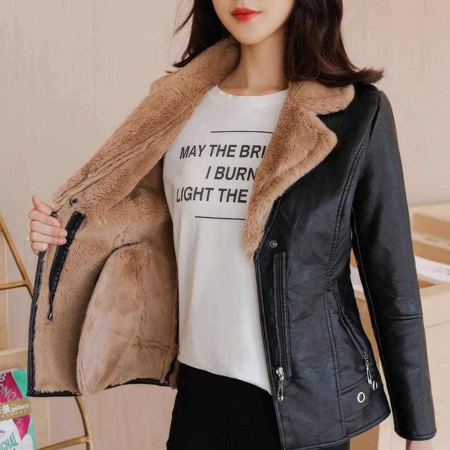 Chic and Warm: Women's Black Biker Sheepskin Sherpa Shearling Café Racer Jacket - Korean Fashion, Slim Fit, Motorcycle Style