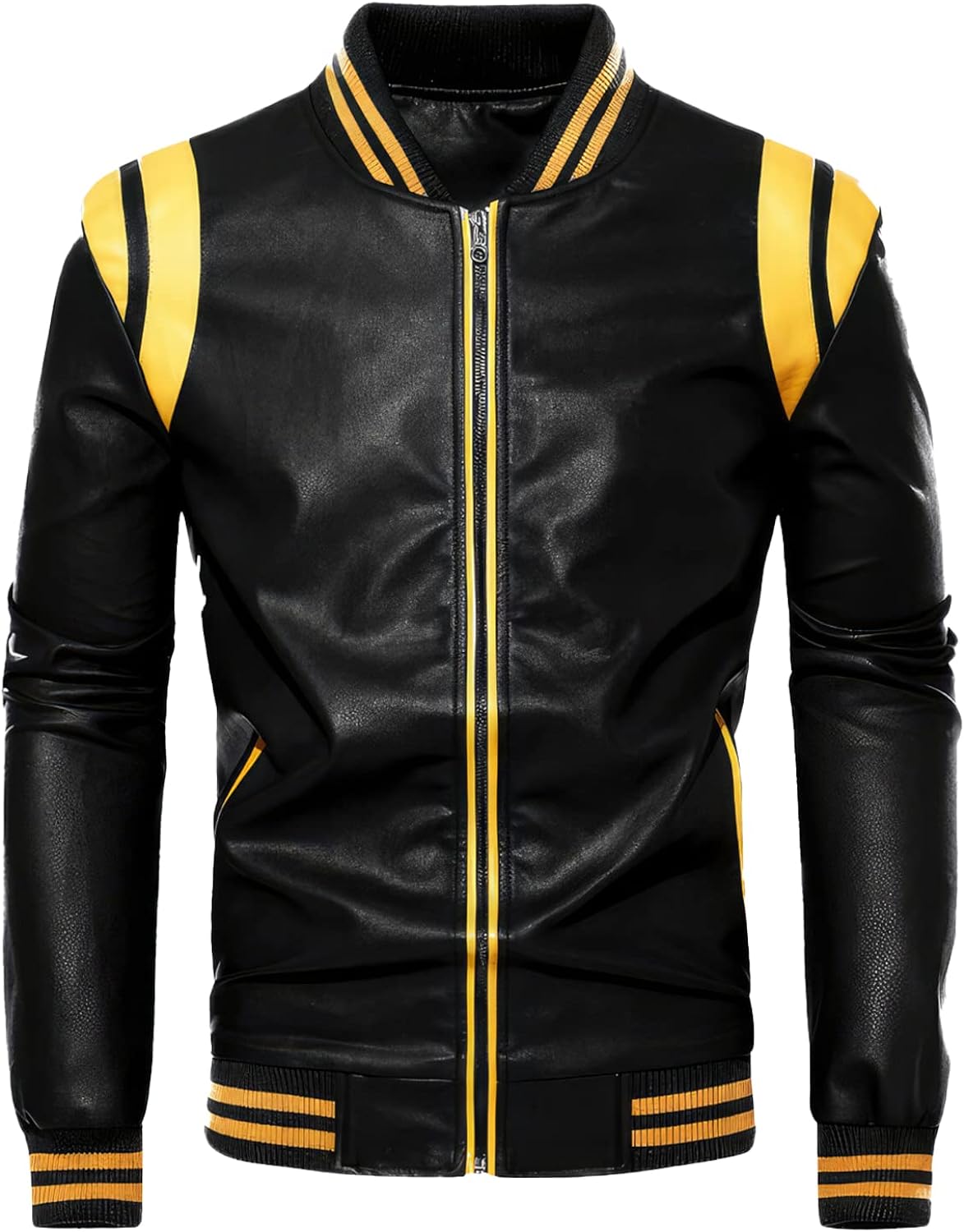 Black Biker Sheepskin Jacket, Sporty Slim Fit, Yellow Stripes, Rib Knit Bomber, Motorcycle Rider Leather