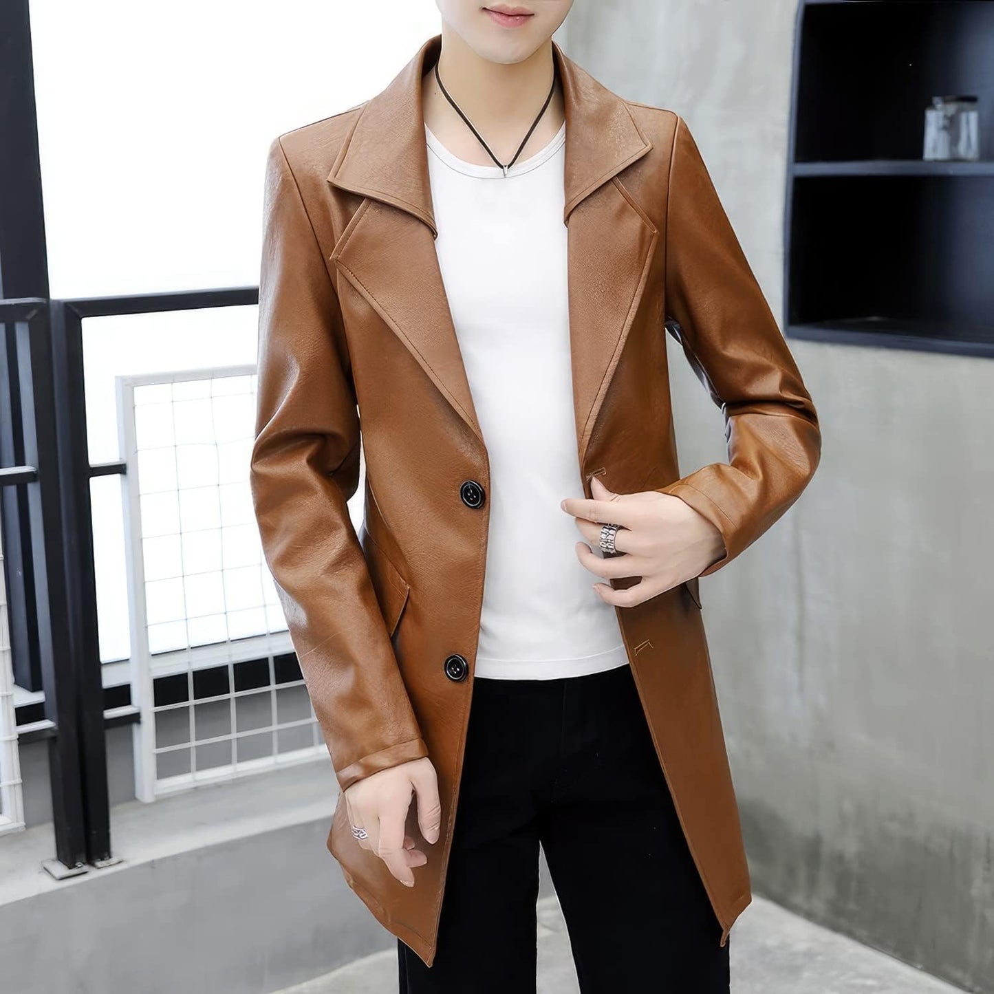 Brown Sheepskin Moto Trench: Classic England Style for Casual Elegance - Men's Genuine Leather Rider Coat