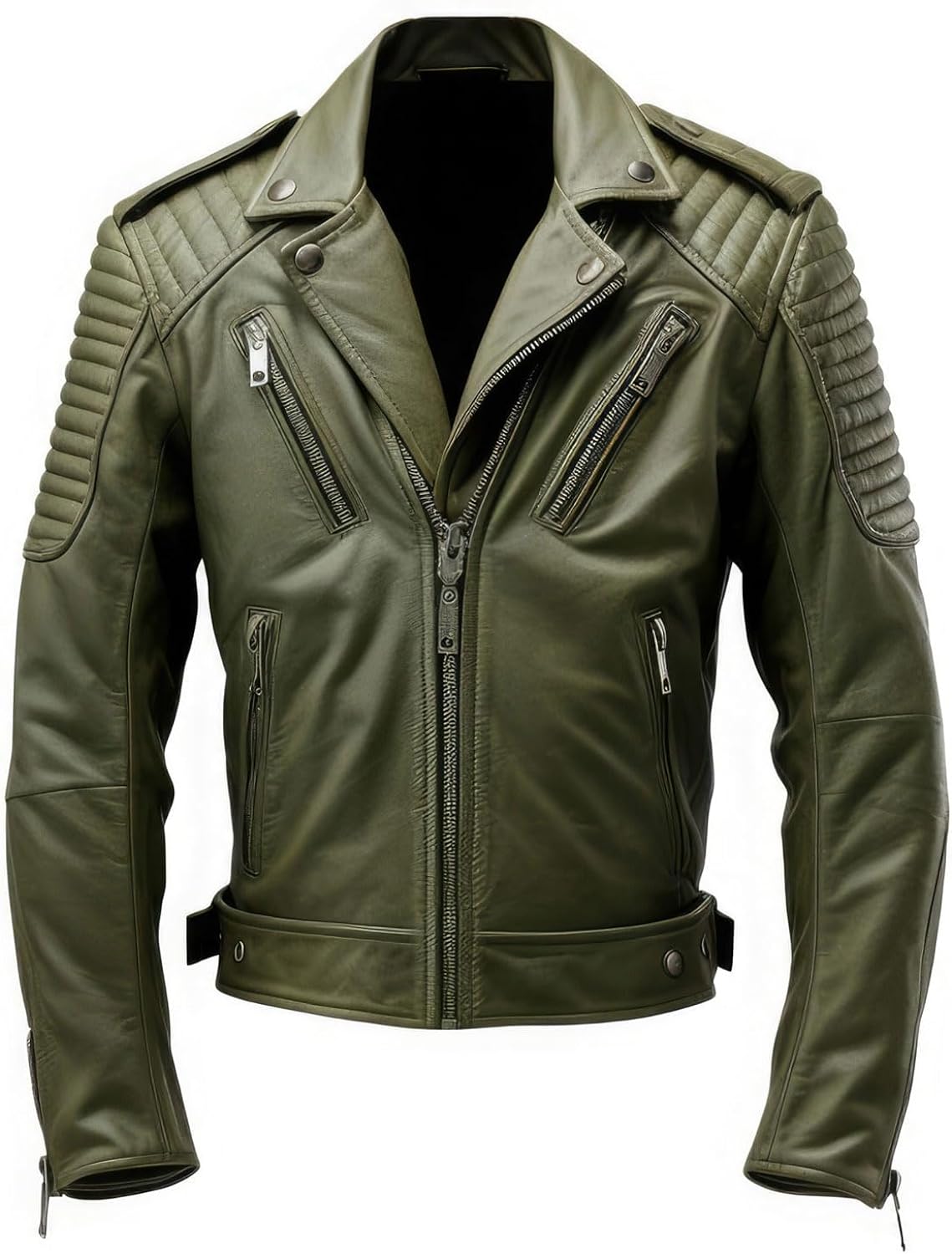 Olive Green Sheepskin Elegance: Notch Lapel, YKK Zipper, Quilted Shoulders - Stylish and Functional Slim-Fit Jacket