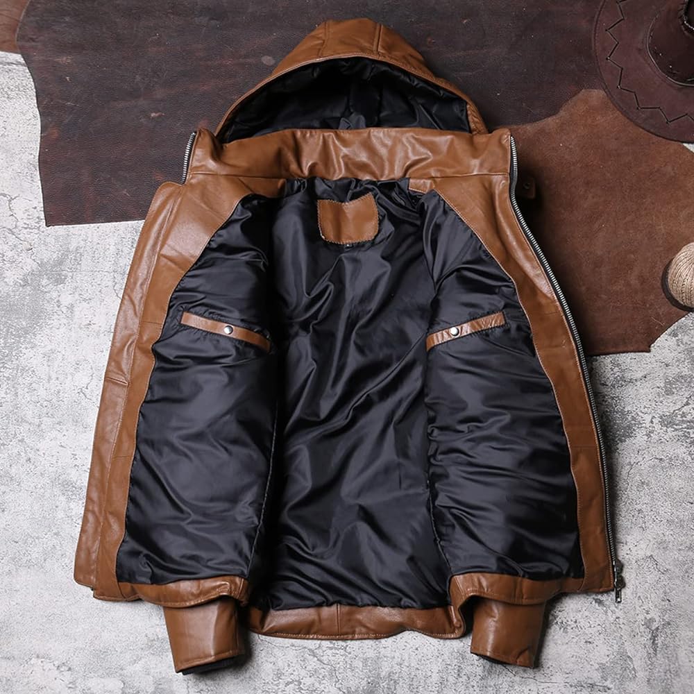 Urban Heat Shield: Men’s Brown Sheepskin Quilted Puffer Jacket with Detachable Hood - Genuine Warmth and Casual Style