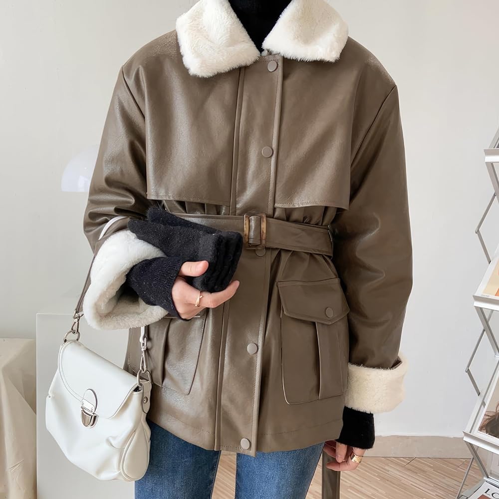 Women’s Brown Genuine Sheepskin Sherpa Shearling Faux Fur Lined Winter Jacket: Casual Fashion, Belted Elegance