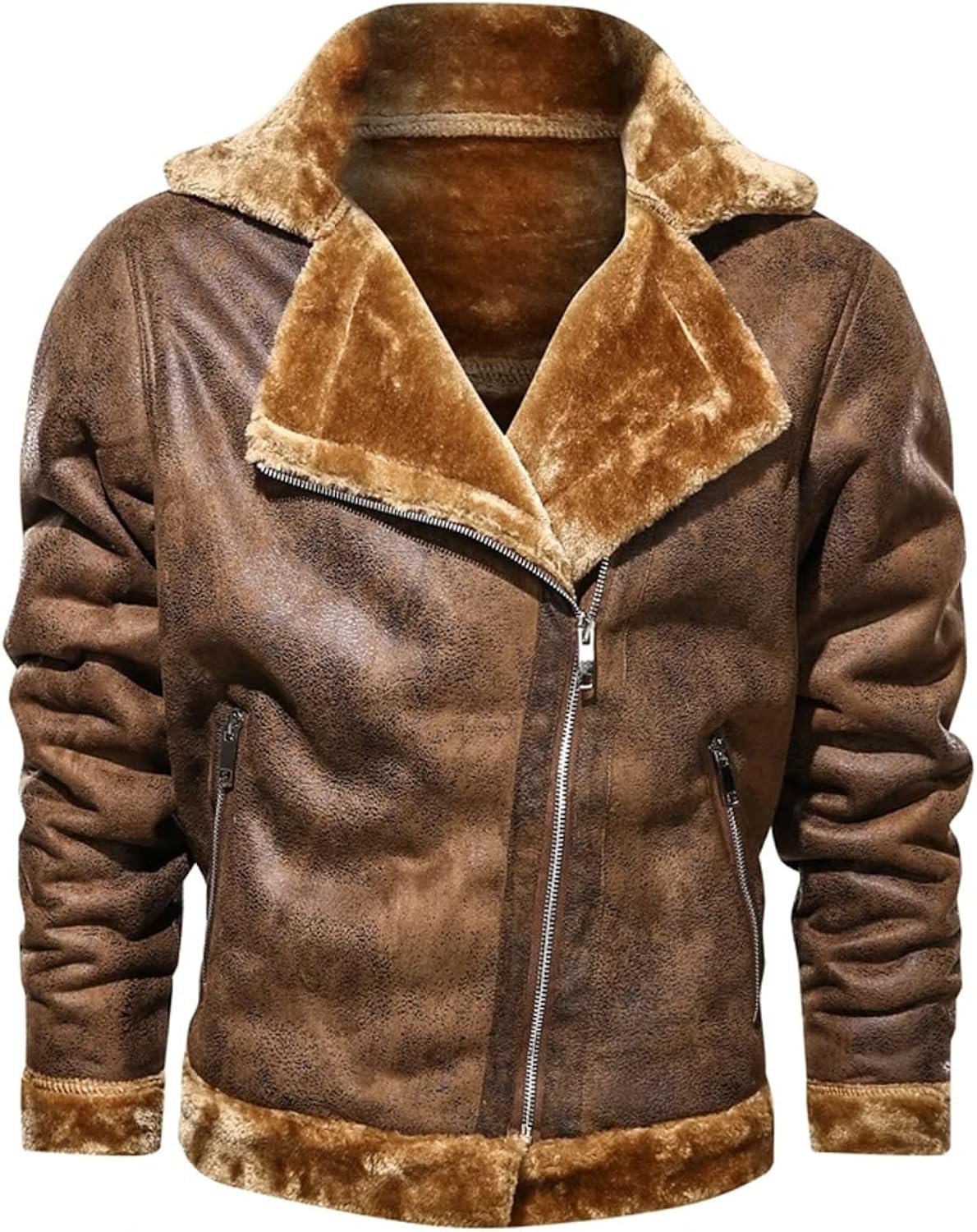 B3 Aviator Vintage Brown Sheepskin Asymmetric Leather Jacket with Distressed Finish - Men's Fashion