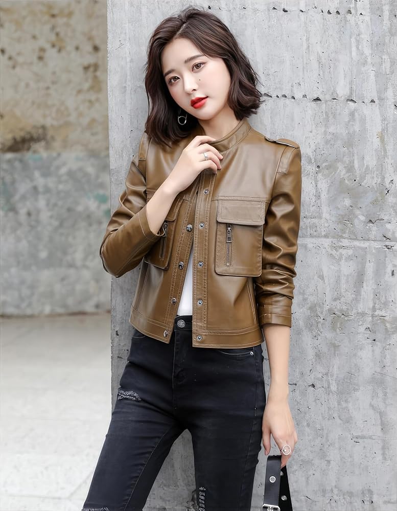 Brown Sheepskin Chic: Women's Korean Fashion Slim Fit Jacket – Stand Collar Luxury Outfit for High Street Glam