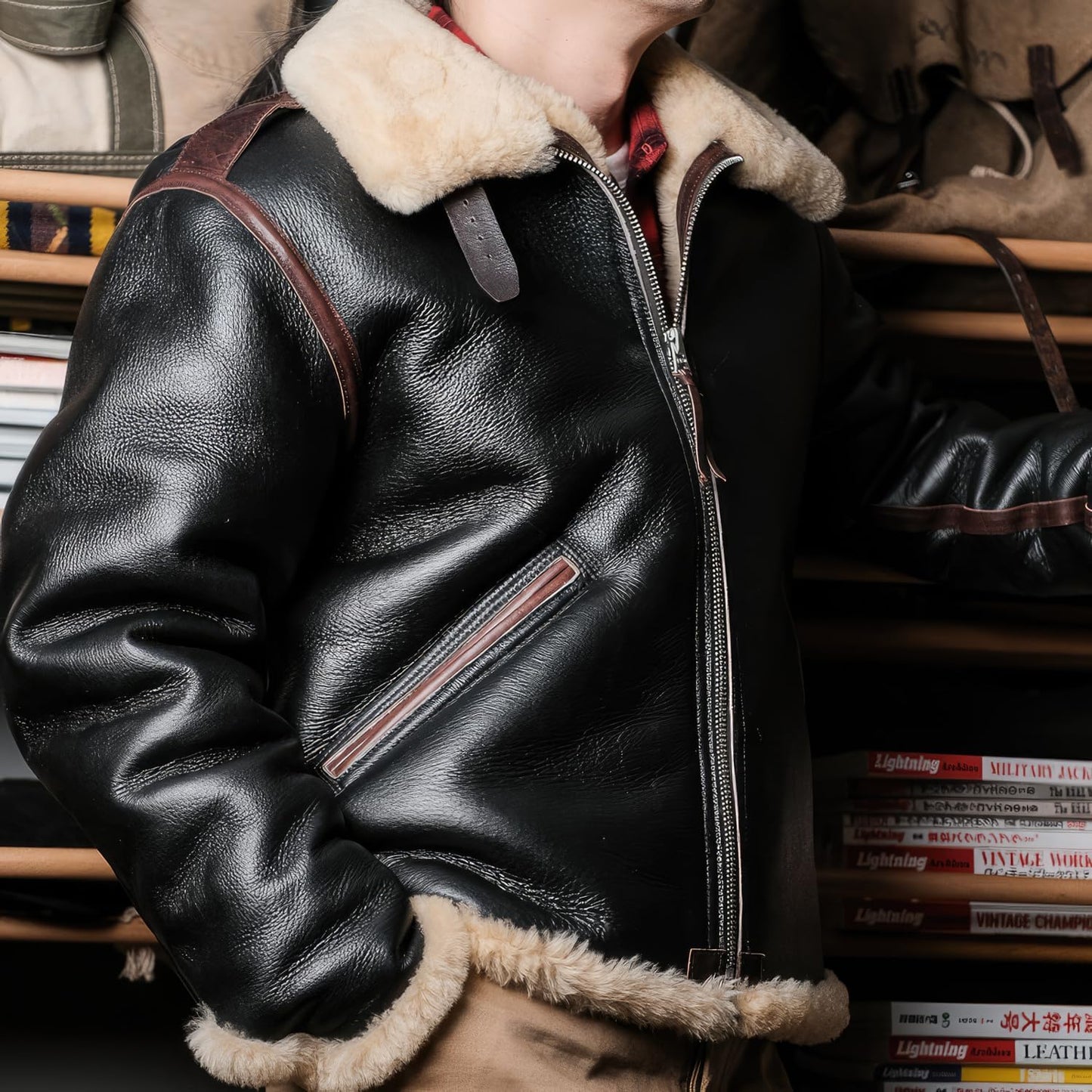 Black Sheepskin Sherpa Aviator Jacket: USAF Vintage Style, Faux Fur Lined